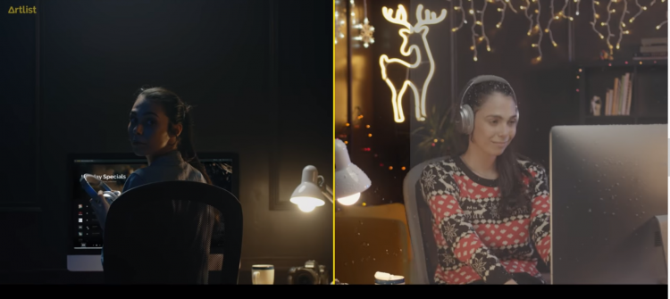 a woman without headphones in a dark room vs. a woman with headphones listening to Christmas music with light all around her.